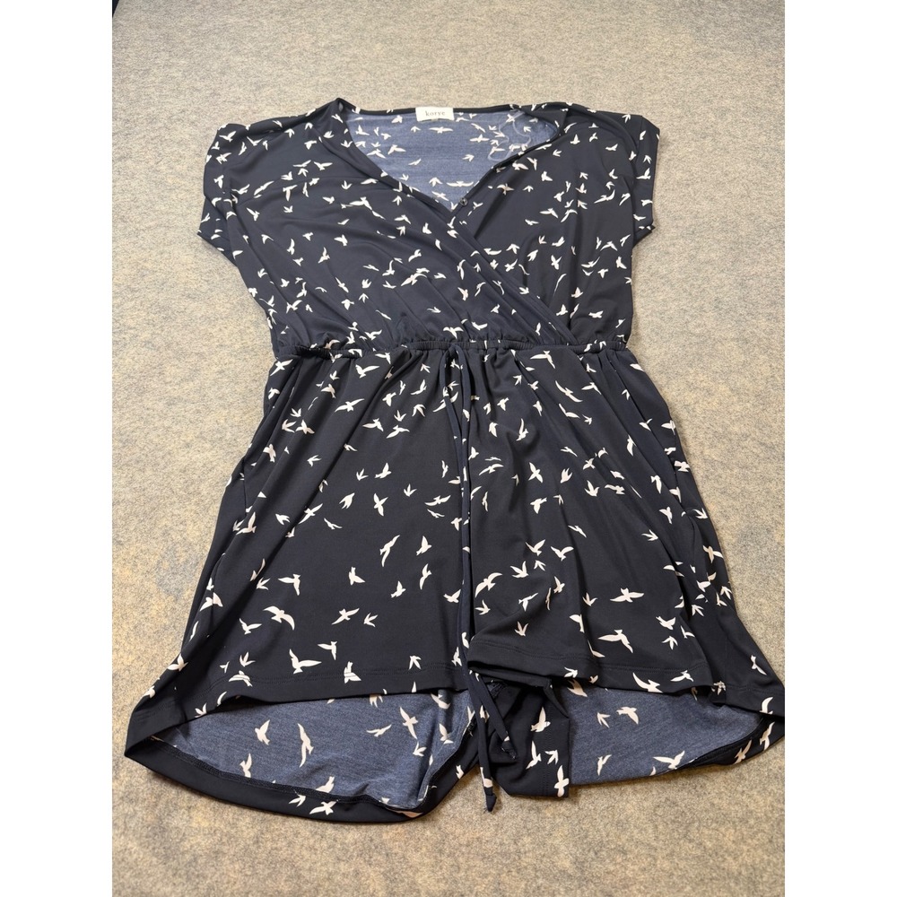 Korye Navy Blue White Bird Print Romper Short Sleeve Wrap Neck Snap Closure L